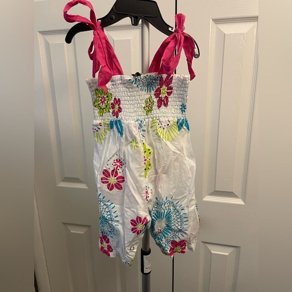 Sophie Catalou White Smocked Romper with Satin Bows Size 9/12 months